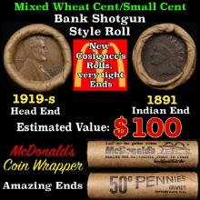 Small Cent Mixed Roll Orig Brandt McDonalds Wrapper, 1919-s Lincoln Wheat end, 1891 Indian other end