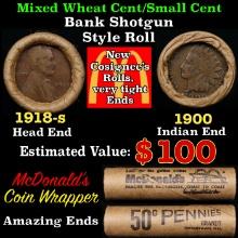 Small Cent Mixed Roll Orig Brandt McDonalds Wrapper, 1918-s Lincoln Wheat end, 1900 Indian other end