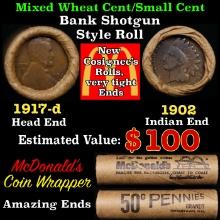 Small Cent Mixed Roll Orig Brandt McDonalds Wrapper, 1917-d Lincoln Wheat end, 1902 Indian other end