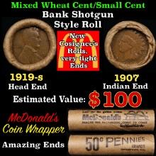 Small Cent Mixed Roll Orig Brandt McDonalds Wrapper, 1919-s Lincoln Wheat end, 1907 Indian other end