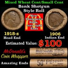 Small Cent Mixed Roll Orig Brandt McDonalds Wrapper, 1918-s Lincoln Wheat end, 1906 Indian other end