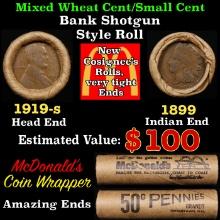 Small Cent Mixed Roll Orig Brandt McDonalds Wrapper, 1919-s Lincoln Wheat end, 1899 Indian other end