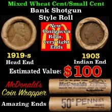 Small Cent Mixed Roll Orig Brandt McDonalds Wrapper, 1919-s Lincoln Wheat end, 1903 Indian other end