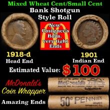 Small Cent Mixed Roll Orig Brandt McDonalds Wrapper, 1918-d Lincoln Wheat end, 1901 Indian other end