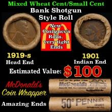 Small Cent Mixed Roll Orig Brandt McDonalds Wrapper, 1919-s Lincoln Wheat end, 1901 Indian other end