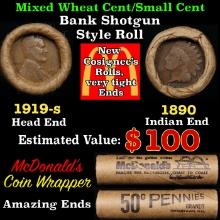 Small Cent Mixed Roll Orig Brandt McDonalds Wrapper, 1919-s Lincoln Wheat end, 1890 Indian other end