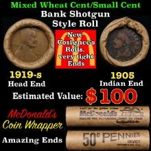 Small Cent Mixed Roll Orig Brandt McDonalds Wrapper, 1919-s Lincoln Wheat end, 1905 Indian other end