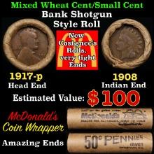 Small Cent Mixed Roll Orig Brandt McDonalds Wrapper, 1917-p Lincoln Wheat end, 1908 Indian other end