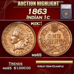 *Highlight* 1863 Indian Cent 1c ms65 SEGS (fc)