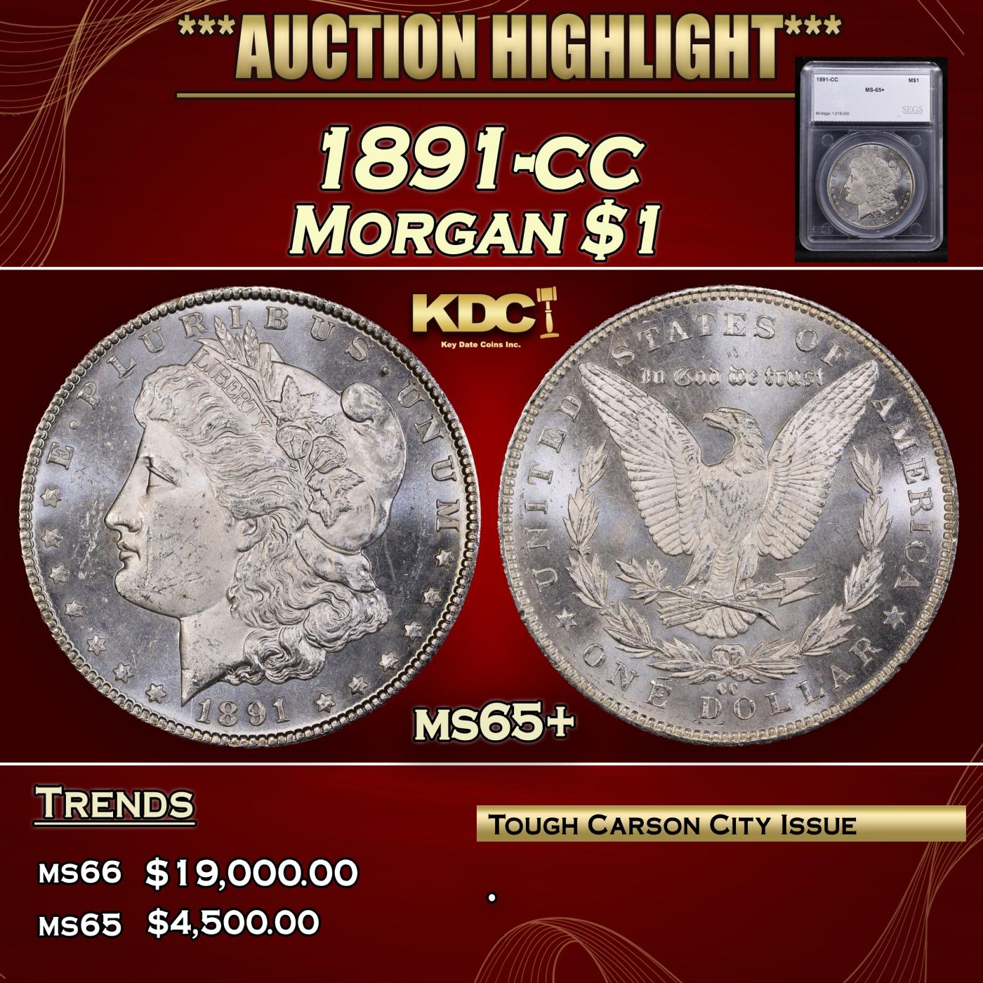 *Highlight* 1891-cc Morgan Dollar $1 ms65+ SEGS (fc)