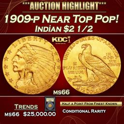 *Highlight* 1909-p Gold Indian Quarter Eagle Near Top Pop! $2 1/2 GEM+ Unc USCG (fc)