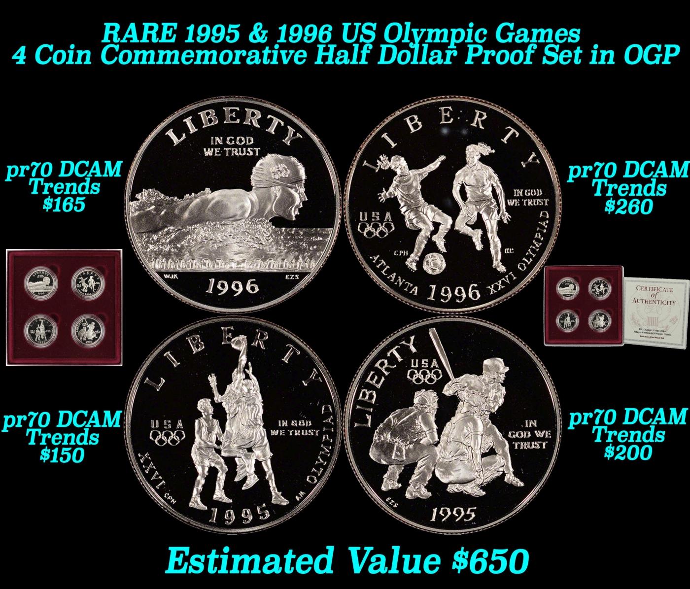 RARE 1995 & 1996 US Olympic Games 4 Coin Commemorative Half Dollar Proof Set in OGP
