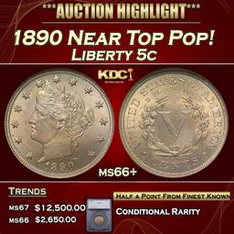 *Highlight* 1890 Liberty Nickel Near Top Pop!  5c ms66+ SEGS (fc)