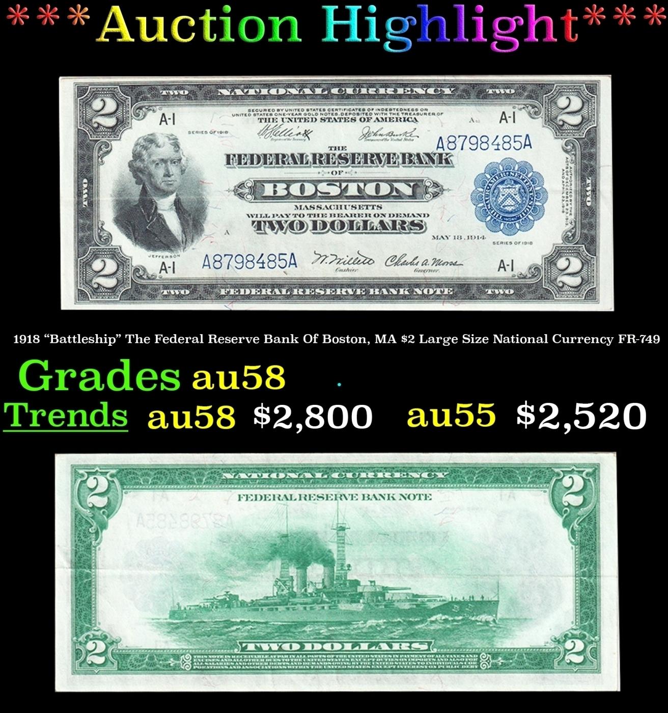 *Highlight* 1918 "Battleship" The Federal Reserve Bank Of Boston, MA $2 Large Size National Currency
