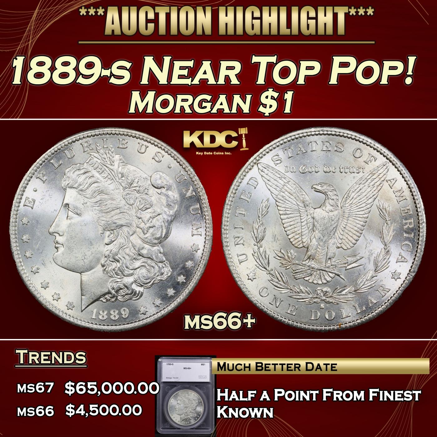*Highlight* 1889-s Morgan Dollar Near Top Pop! $1 ms66+ SEGS (fc)