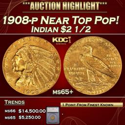 *Highlight* 1908-p Gold Indian Quarter Eagle Near Top Pop! $2 1/2 ms65+ SEGS (fc)