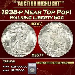 *Highlight* 1938-p Walking Liberty Half Dollar Near Top Pop! 50c ms67+ SEGS (fc)