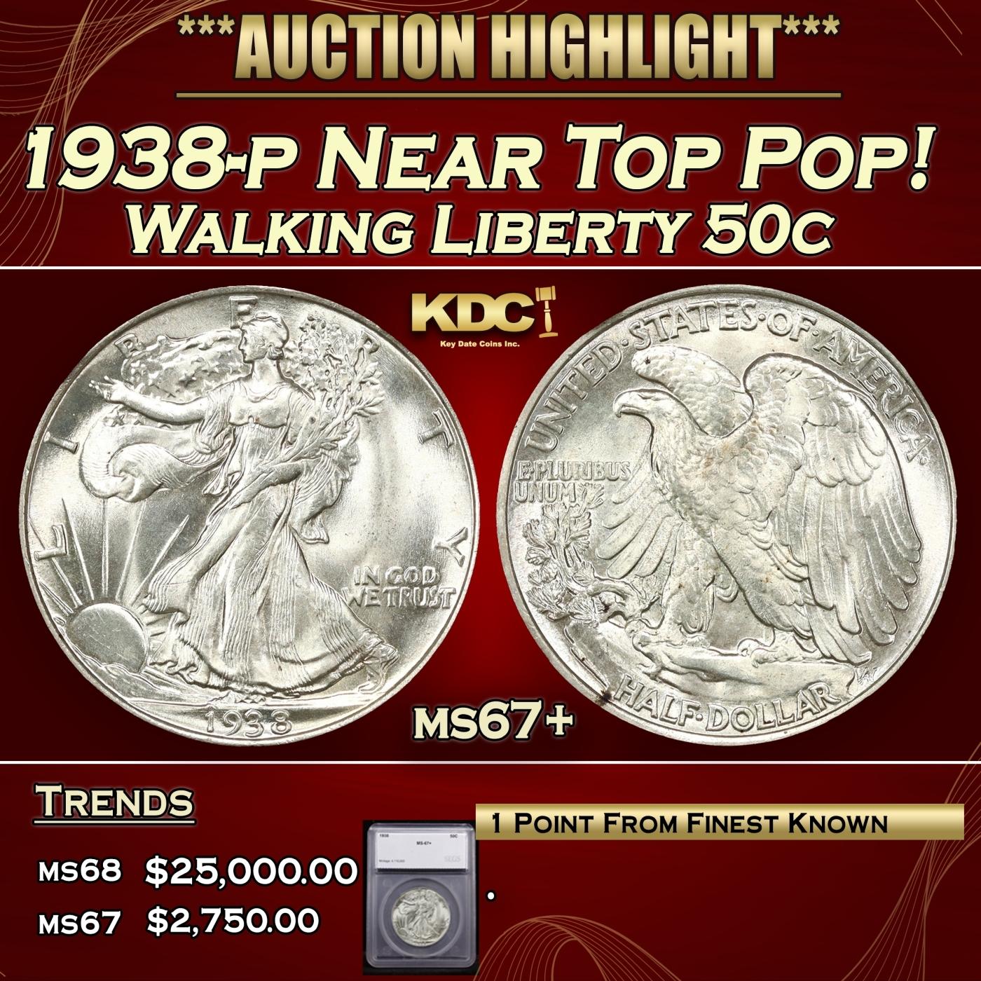 *Highlight* 1938-p Walking Liberty Half Dollar Near Top Pop! 50c ms67+ SEGS (fc)