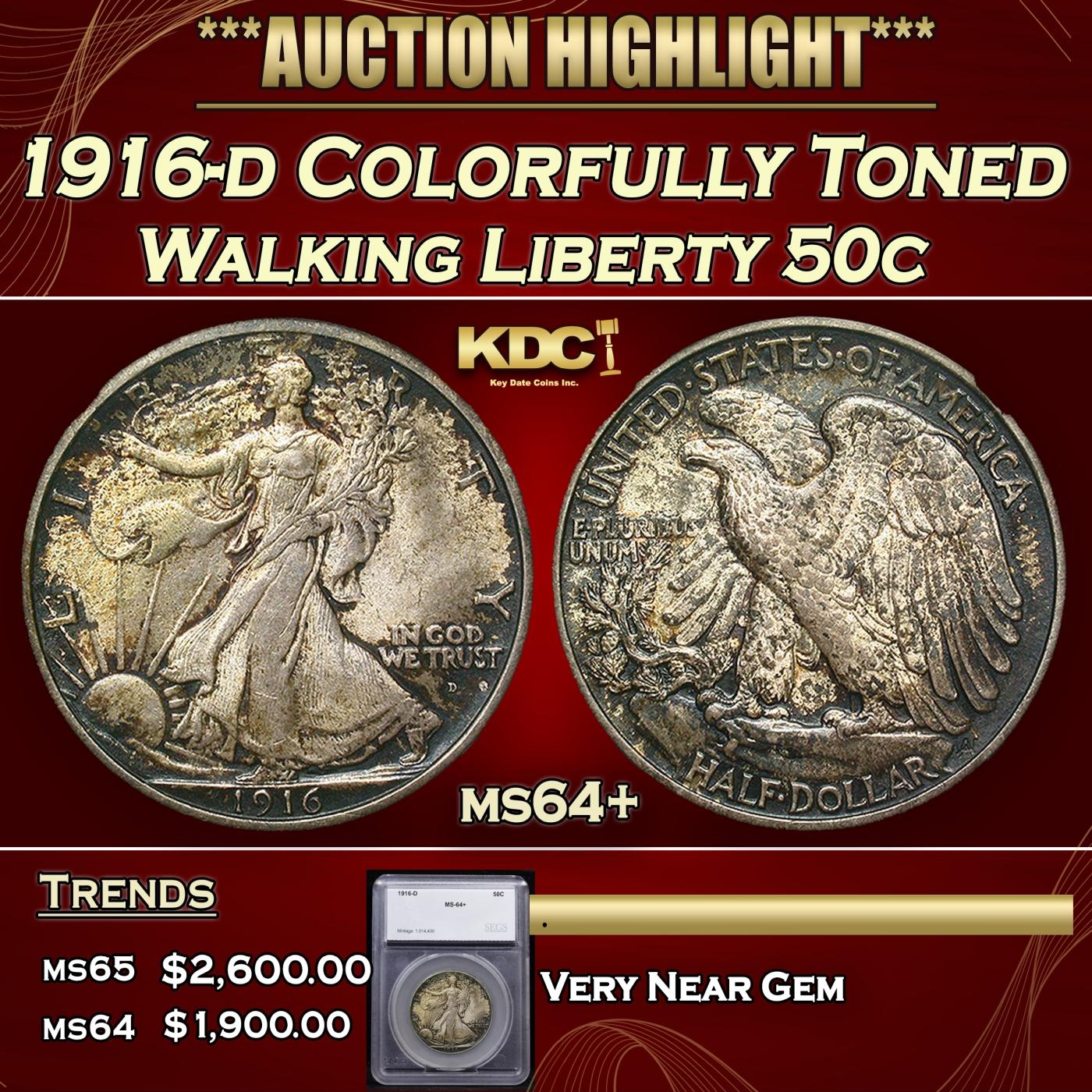 *Highlight* 1916-d Walking Liberty Half Dollar Colorfully Toned 50c ms64+ SEGS (fc)