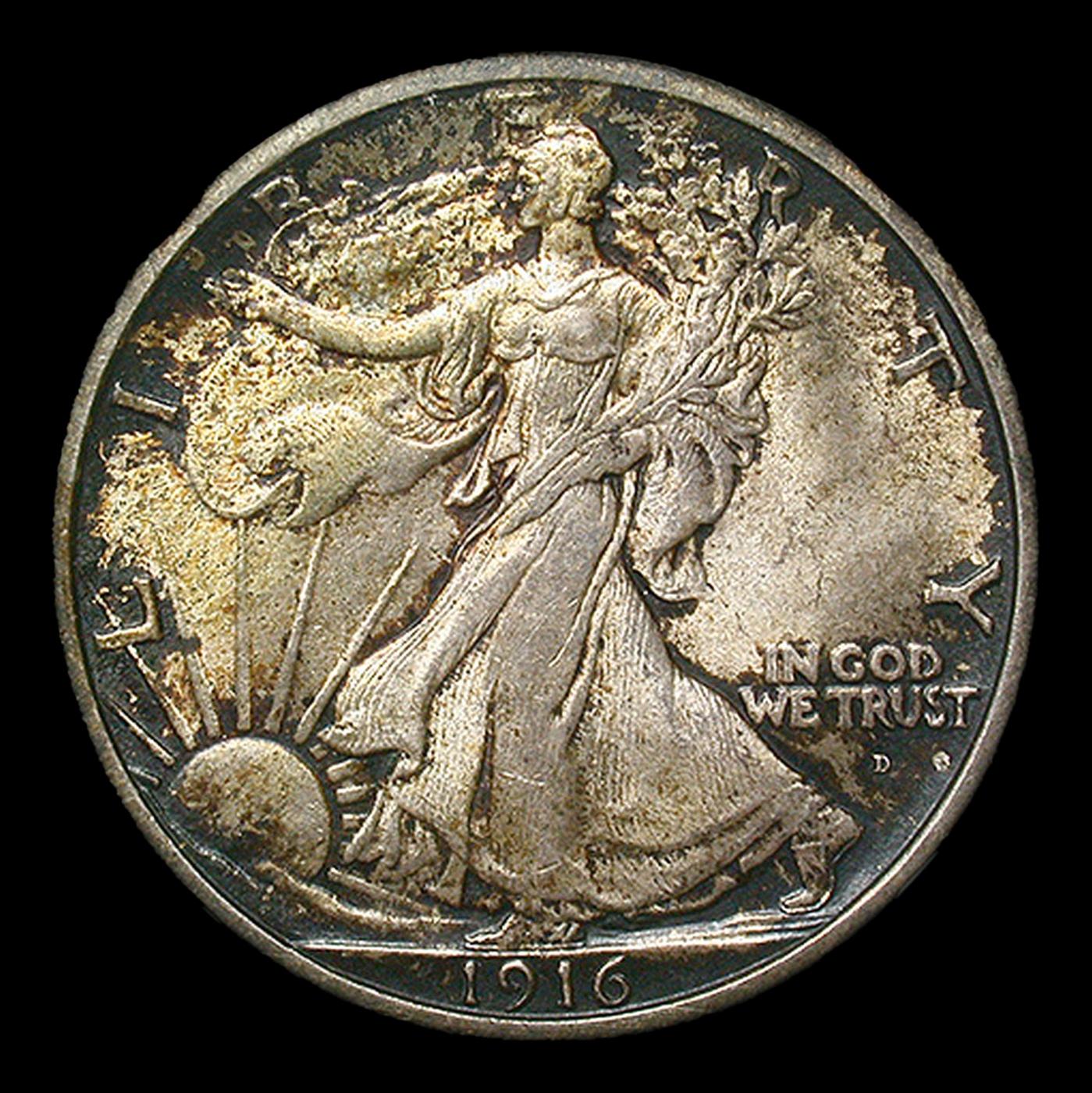 *Highlight* 1916-d Walking Liberty Half Dollar Colorfully Toned 50c ms64+ SEGS (fc)