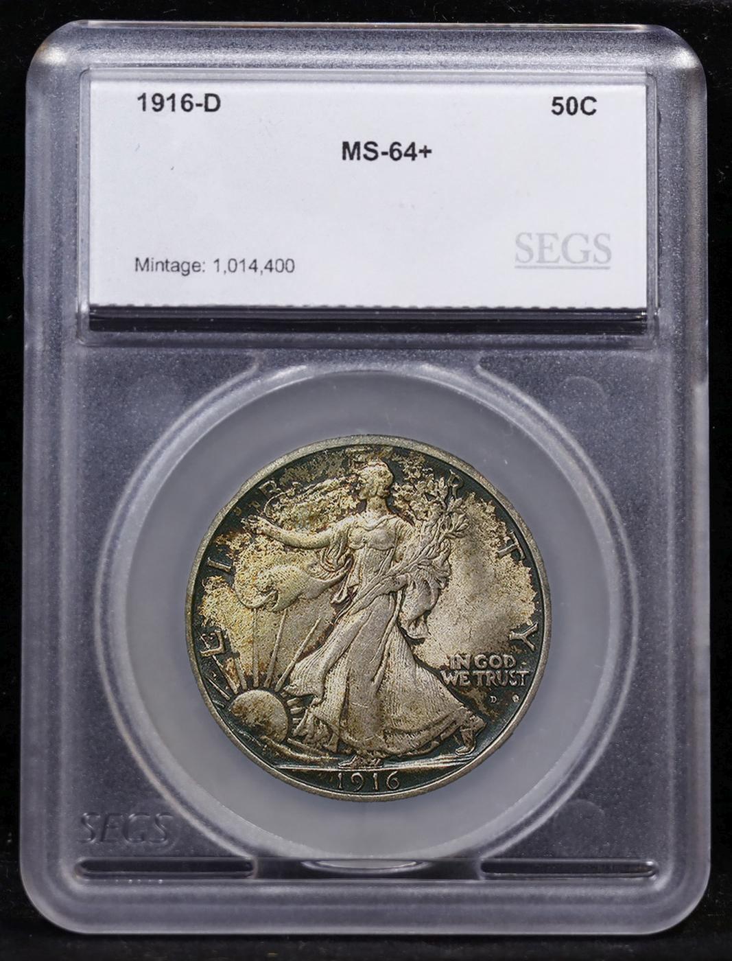 *Highlight* 1916-d Walking Liberty Half Dollar Colorfully Toned 50c ms64+ SEGS (fc)