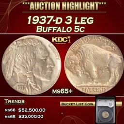 YC 1937-d 3 leg Buffalo Nickel 5c ms65+ SEGS