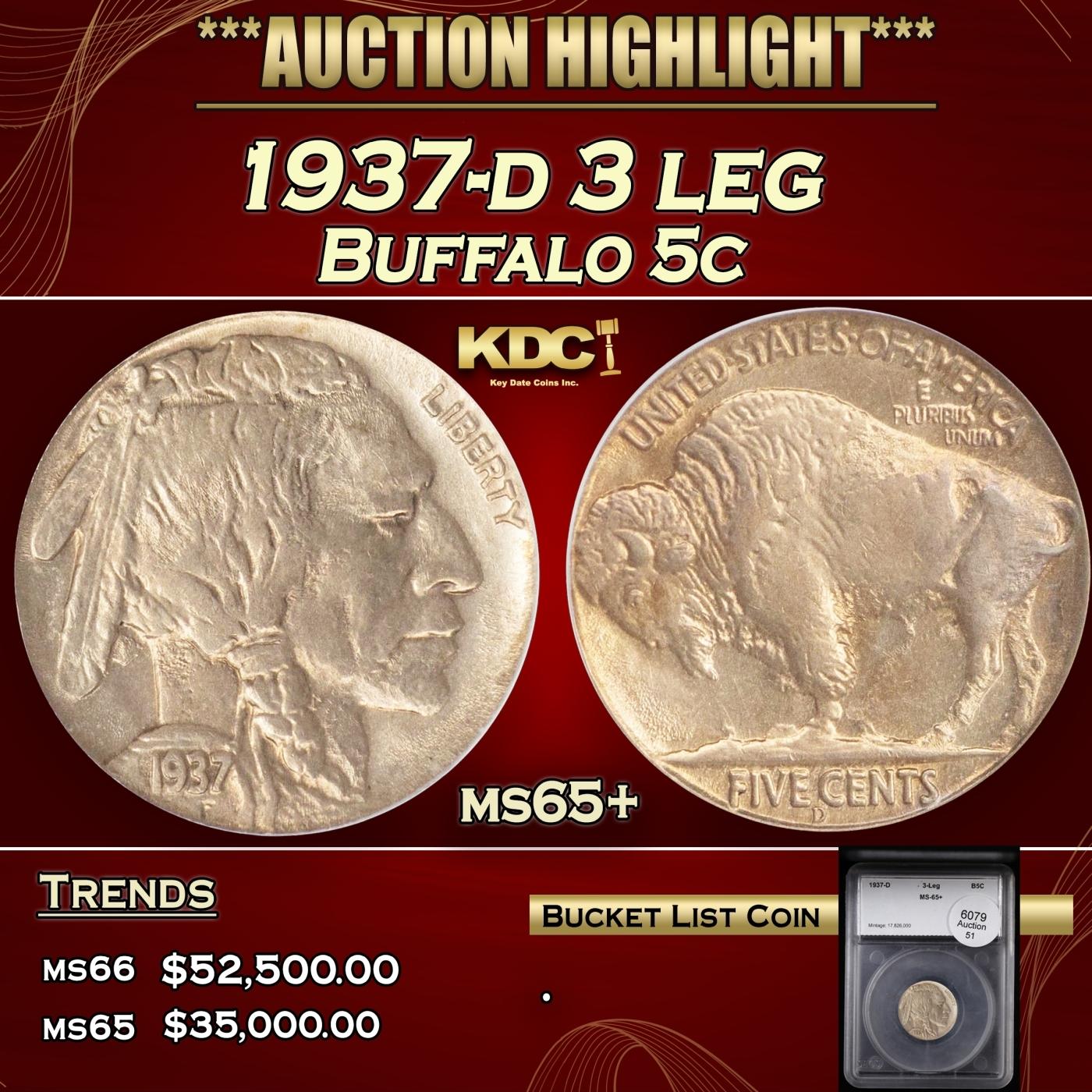 YC 1937-d 3 leg Buffalo Nickel 5c ms65+ SEGS