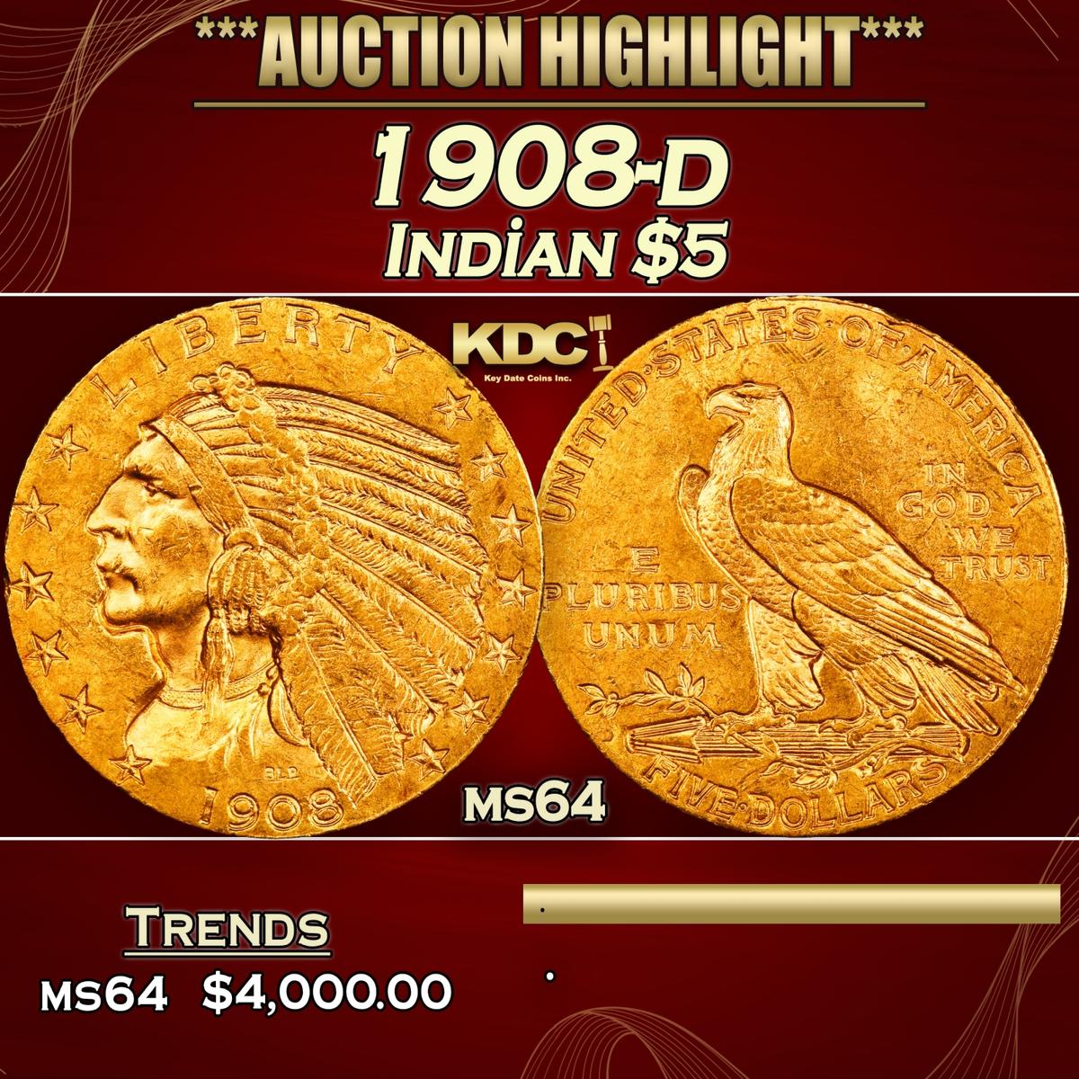 IO 1908-d Gold Indian Half Eagle $5 ms64 USCG