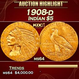 IO 1908-d Gold Indian Half Eagle $5 ms64 USCG