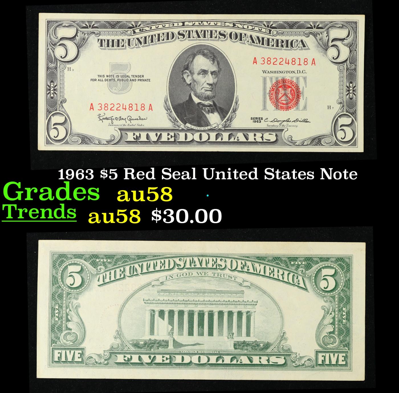 1963 $5 Red Seal United States Note Grades Choice AU/BU Slider