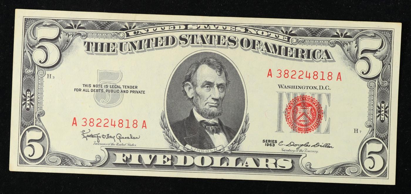 1963 $5 Red Seal United States Note Grades Choice AU/BU Slider