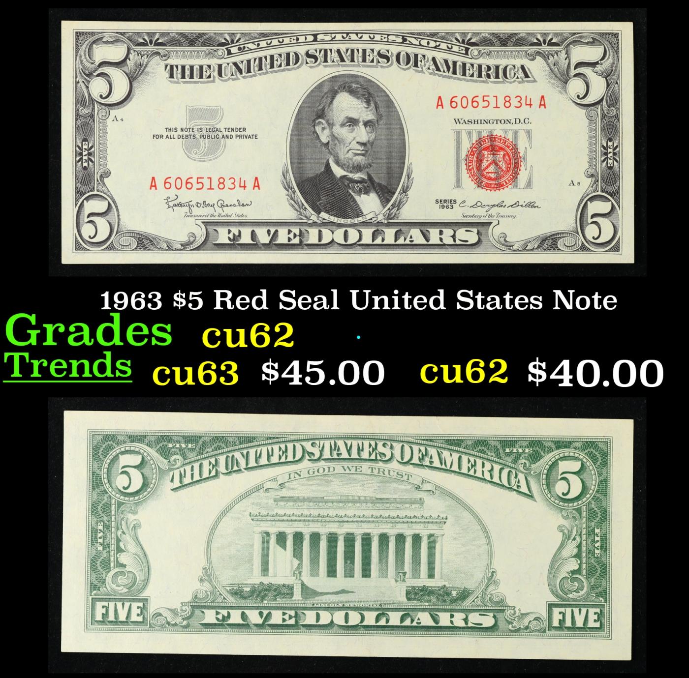 1963 $5 Red Seal United States Note Grades Select CU