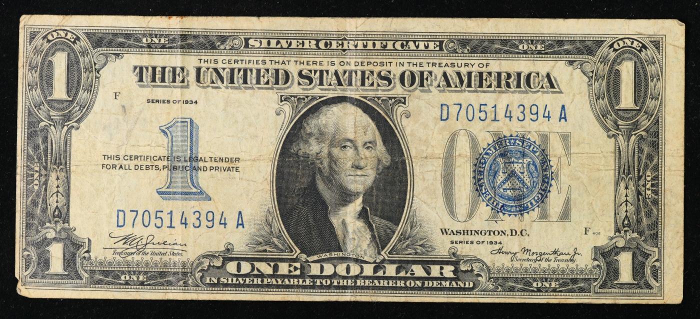 1934 "Funnyback" $1 Blue Seal Silver Certificate Grades vf++