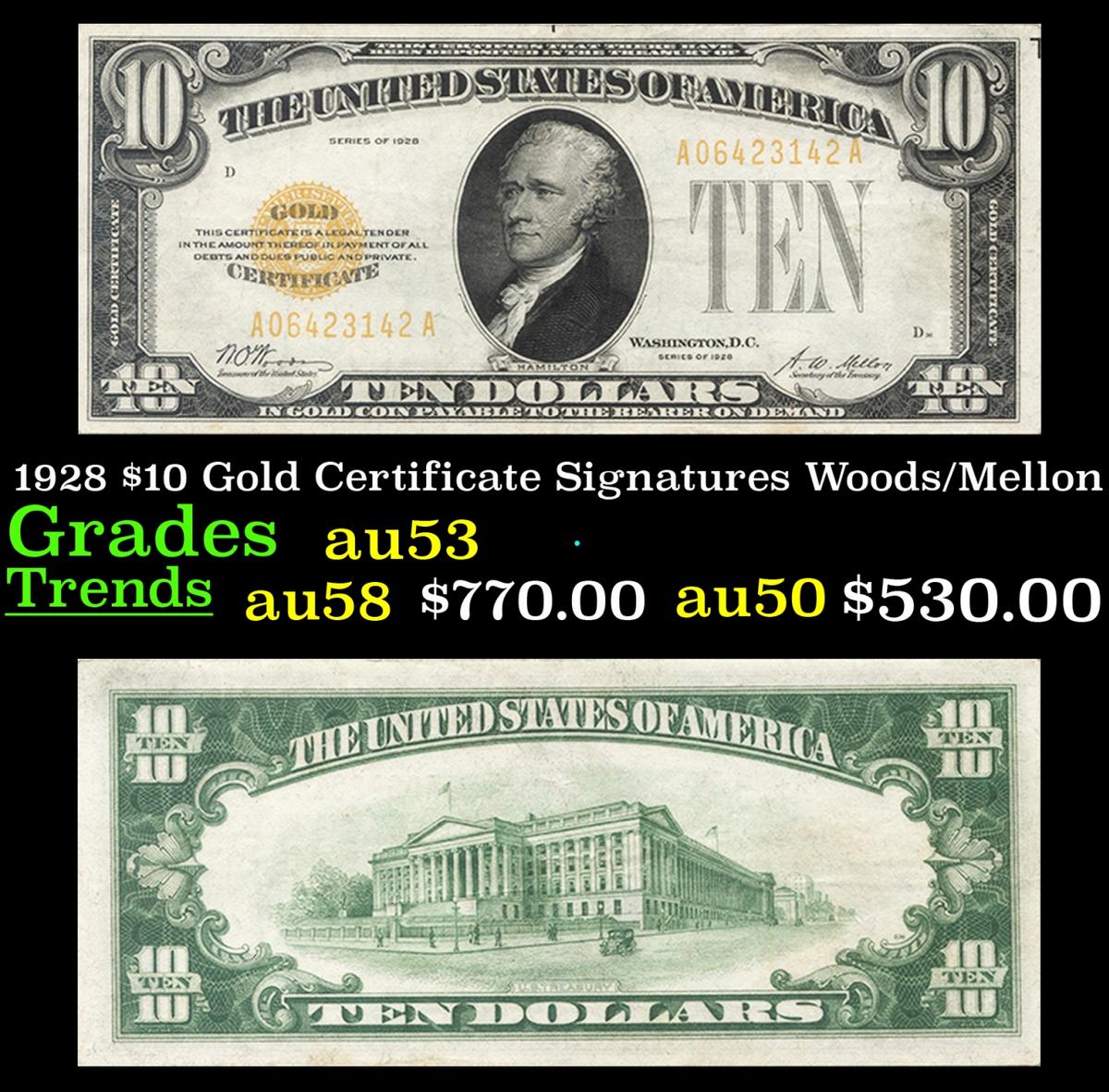 1928 $10 Gold Certificate Signatures Woods/Mellon Grades Select AU