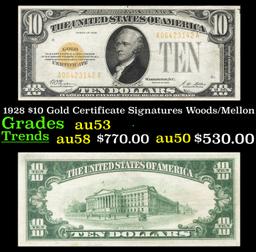 1928 $10 Gold Certificate Signatures Woods/Mellon Grades Select AU