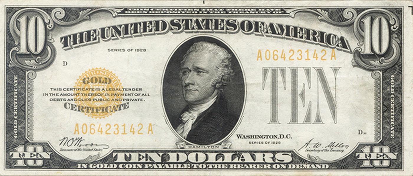 1928 $10 Gold Certificate Signatures Woods/Mellon Grades Select AU
