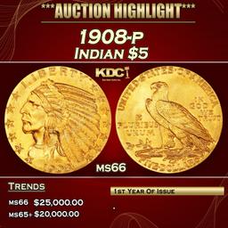 IE 1908-p Gold Indian Half Eagle $5 ms66 USCG