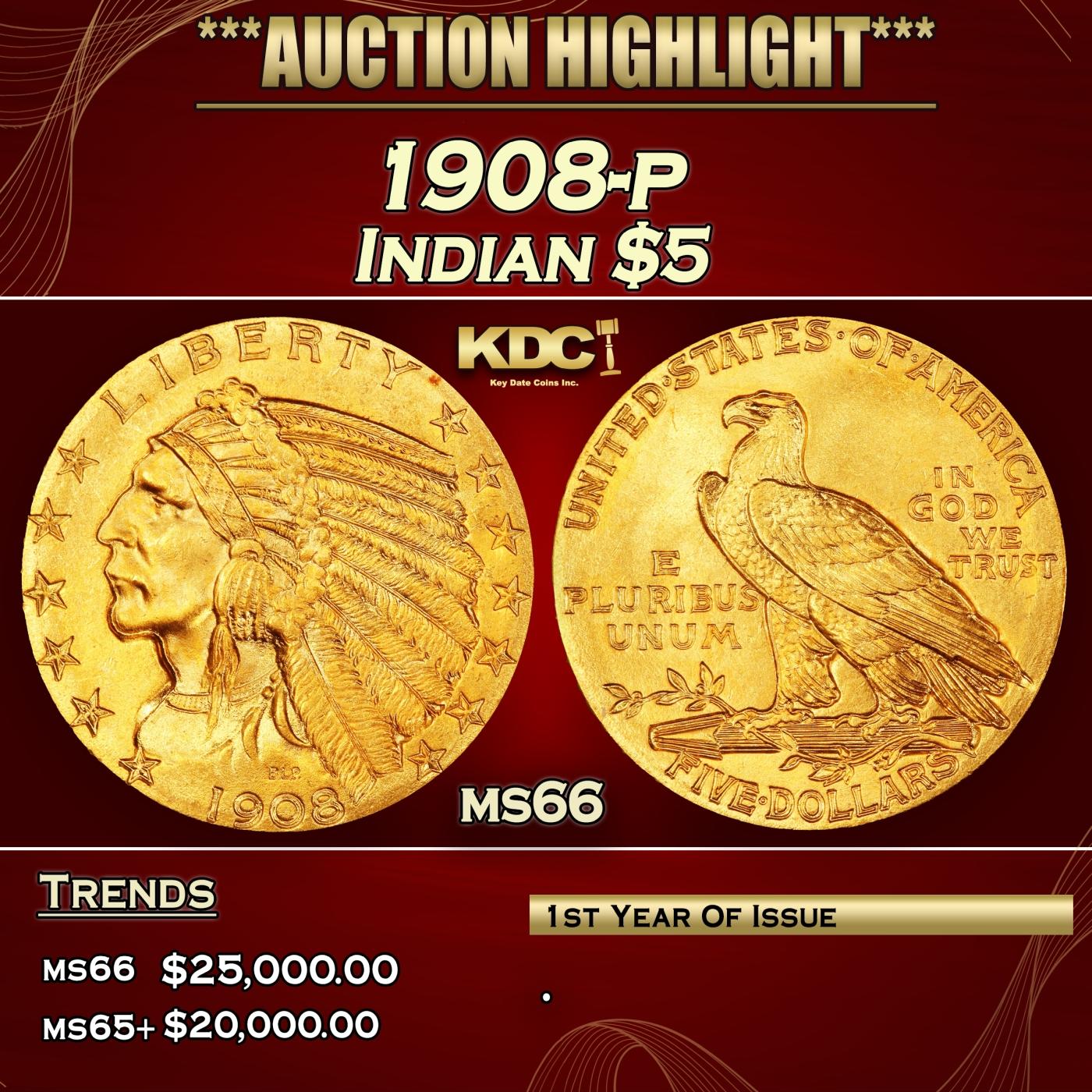 IE 1908-p Gold Indian Half Eagle $5 ms66 USCG