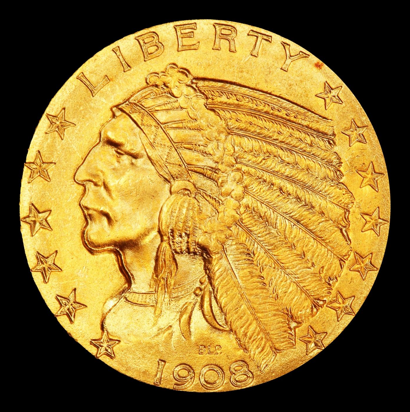 IE 1908-p Gold Indian Half Eagle $5 ms66 USCG