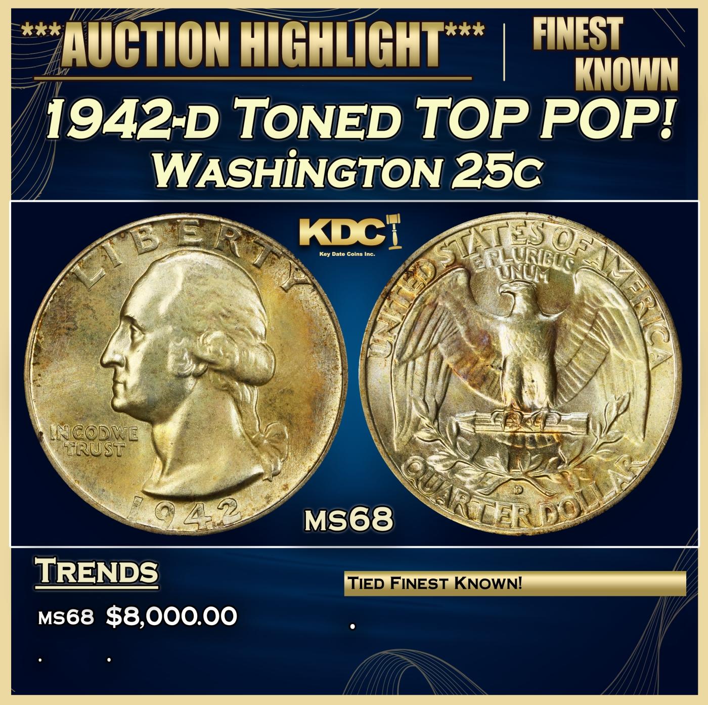 IE 1942-d Washington Quarter Toned TOP POP! 25c ms68 SEGS