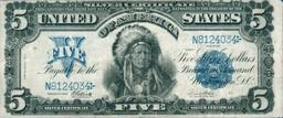 1899 Oncpapa Indian Chief  $5 Large Size Silver Certificate Mule Grades xf Signatures Elliott/White