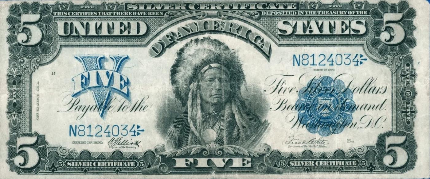 1899 Oncpapa Indian Chief  $5 Large Size Silver Certificate Mule Grades xf Signatures Elliott/White