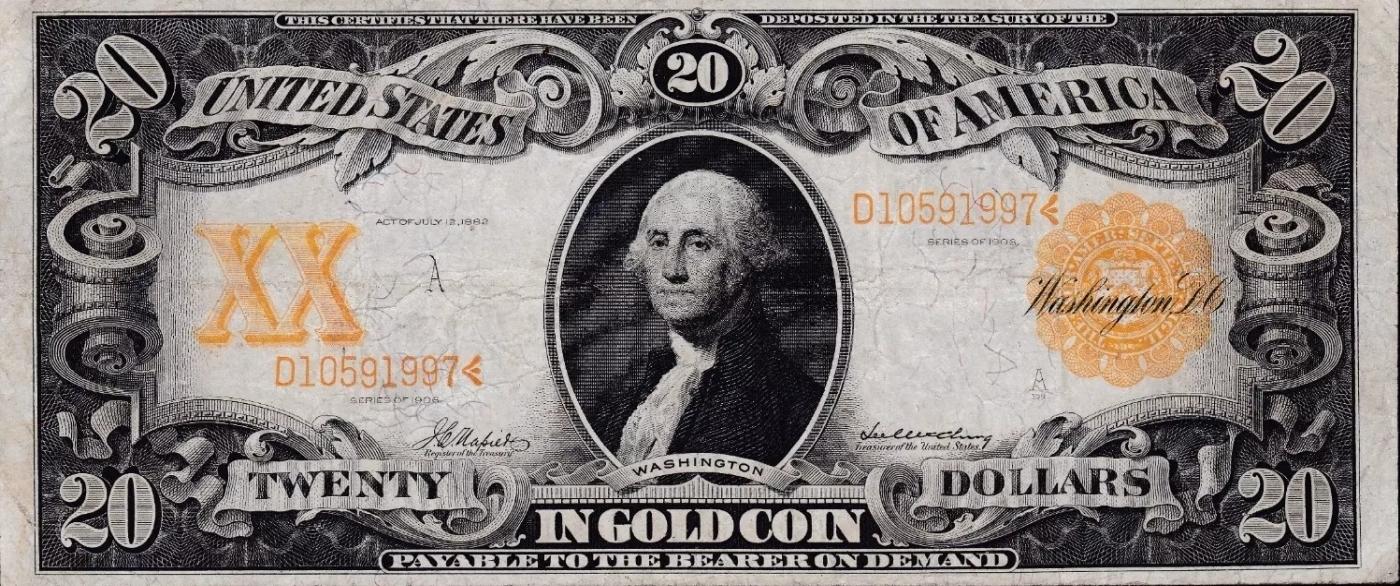 1906 $20 Large Size Gold Certificate Grades xf Signatures Napier/McClung