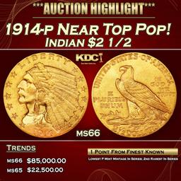 IE 1914-p Gold Indian Quarter Eagle Near Top Pop! $2 1/2 ms66 USCG