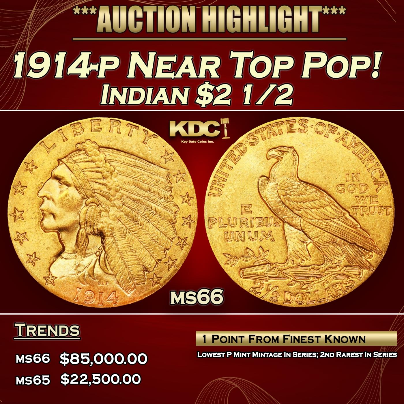 IE 1914-p Gold Indian Quarter Eagle Near Top Pop! $2 1/2 ms66 USCG