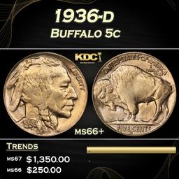 IO 1936-d Buffalo Nickel 5c Grades ms66+