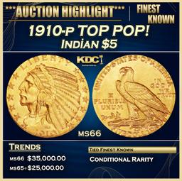 IE 1910-p Gold Indian Half Eagle TOP POP! $5 ms66 USCG