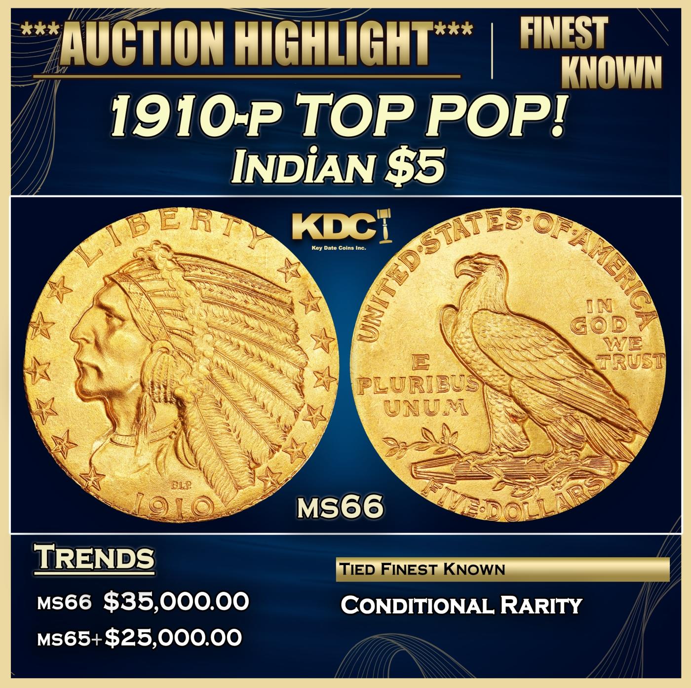 IE 1910-p Gold Indian Half Eagle TOP POP! $5 ms66 USCG