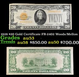 1928 $20 Gold Certificate FR-2402 Woods/Mellon Grades Select AU