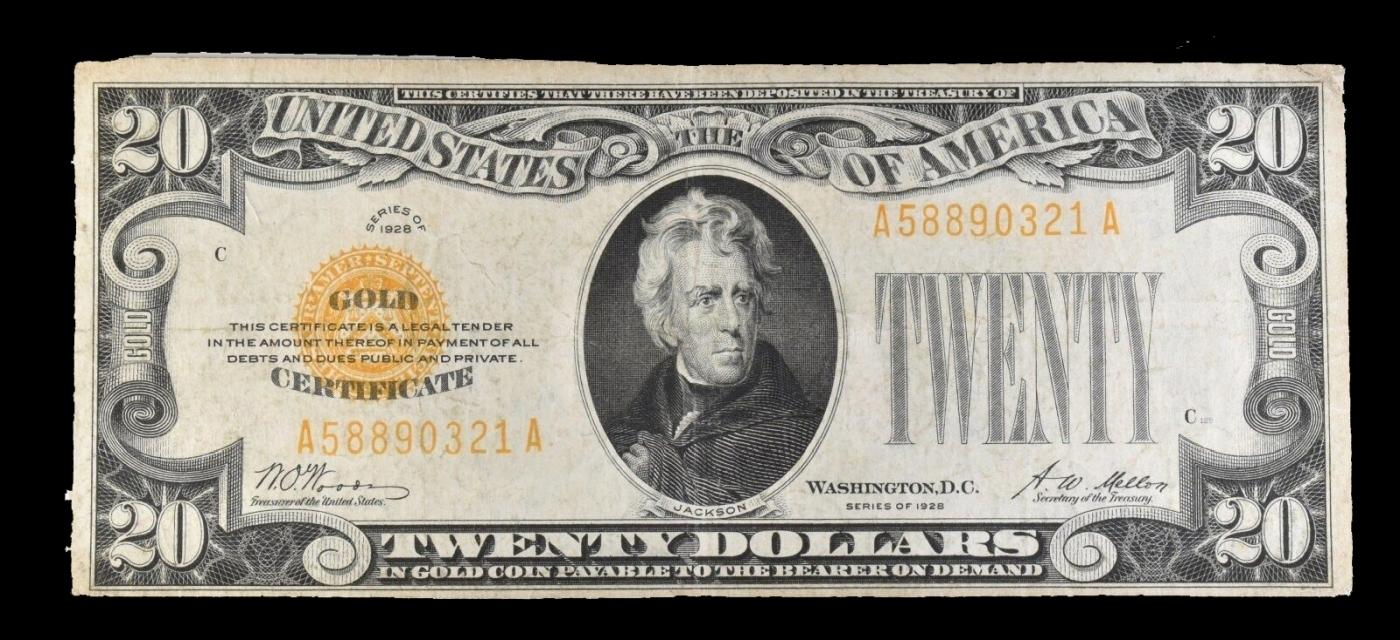 1928 $20 Gold Certificate FR-2402 Woods/Mellon Grades Select AU